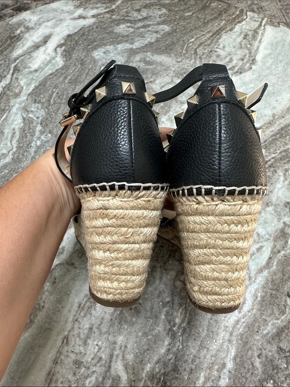 Marc Fisher Black Leather Espadrille Wedge Studded Close Toe Sandals Size 8.5